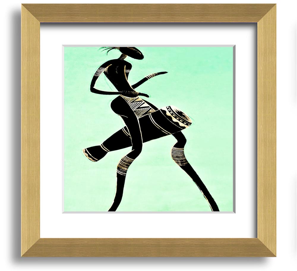 A vibrant square framed print of an African tribal dancer, showcasing dynamic movements and rich colors, ready to hang.