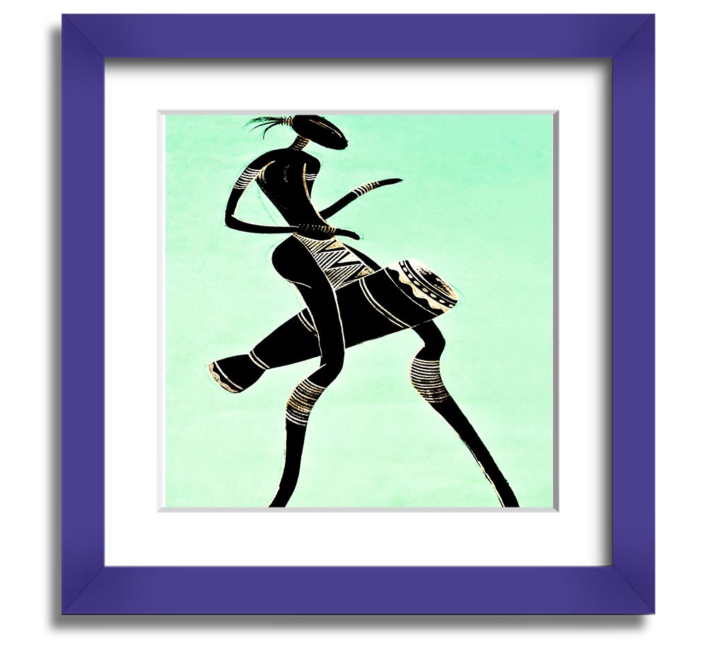 A vibrant square framed print of an African tribal dancer, showcasing dynamic movements and rich colors, ready to hang.