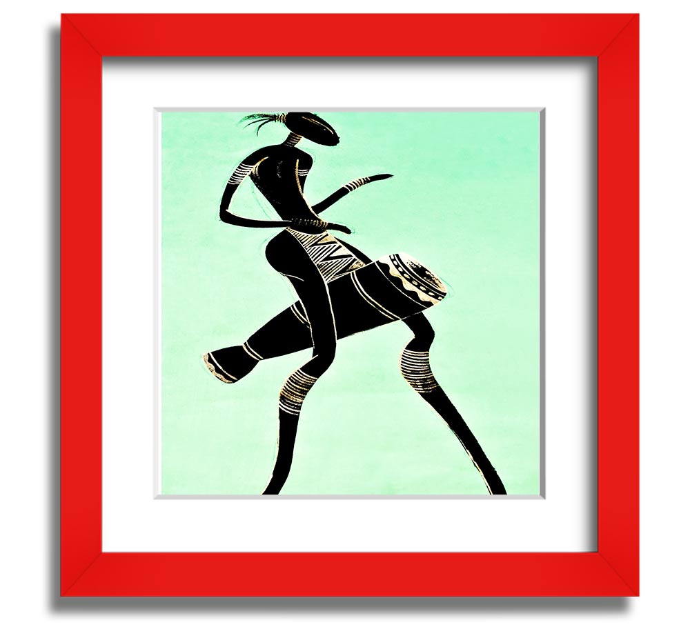 A vibrant square framed print of an African tribal dancer, showcasing dynamic movements and rich colors, ready to hang.