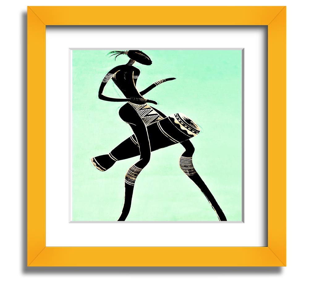 A vibrant square framed print of an African tribal dancer, showcasing dynamic movements and rich colors, ready to hang.