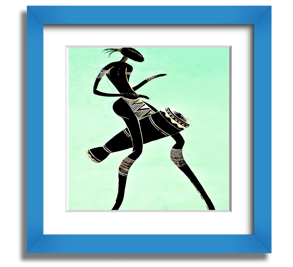 A vibrant square framed print of an African tribal dancer, showcasing dynamic movements and rich colors, ready to hang.