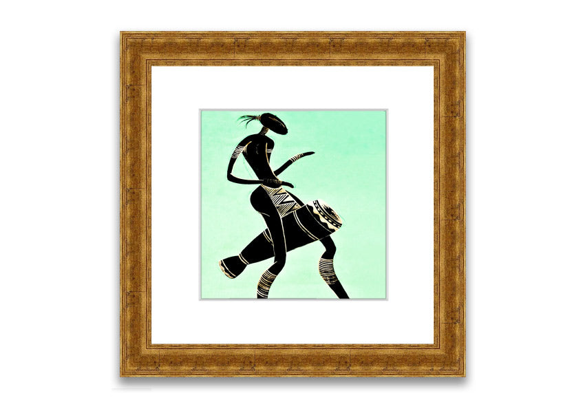 A vibrant framed print of an African tribal dancer, showcasing intricate details and colors, ready to hang.