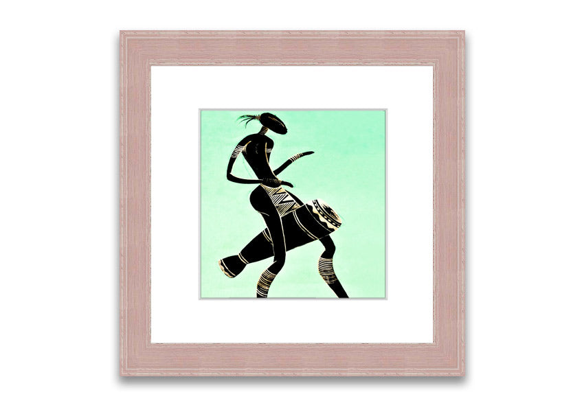 A vibrant framed print of an African tribal dancer, showcasing intricate details and colors, ready to hang.