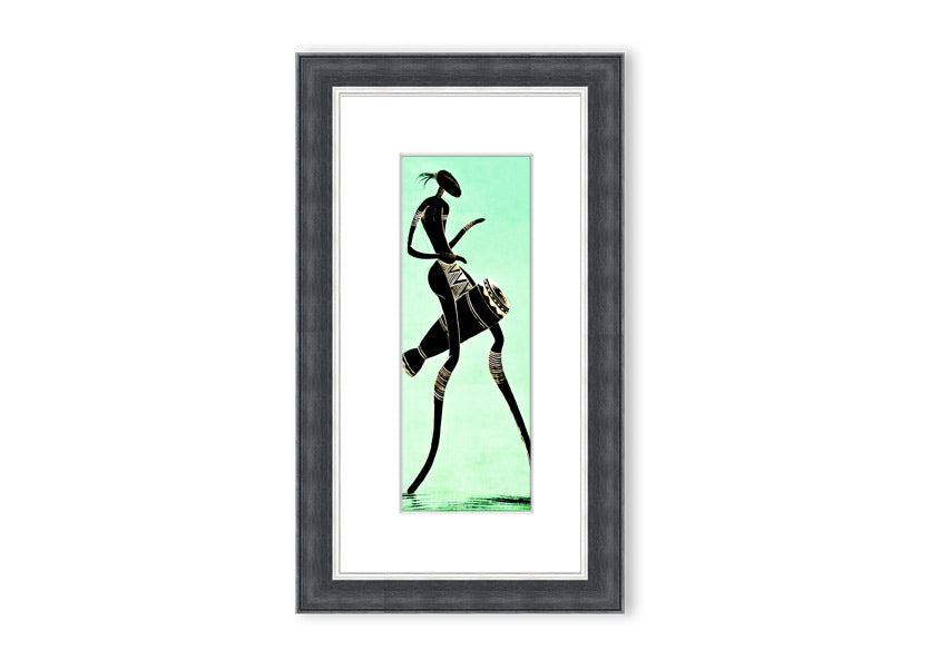 A vibrant framed print of an African tribal dancer, showcasing intricate details and colors, ready to hang.