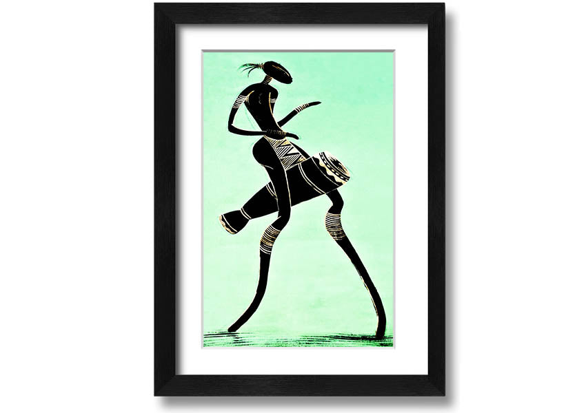 Framed print of an African tribal dancer, showcasing vibrant colors and intricate details, ready to hang.