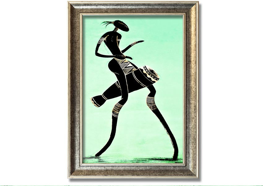 Framed print of an African tribal dancer, showcasing vibrant colors and intricate details, ready to hang.