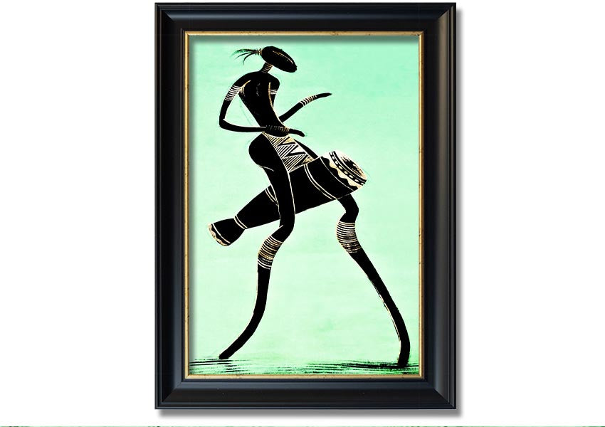 Framed print of an African tribal dancer, showcasing vibrant colors and intricate details, ready to hang.