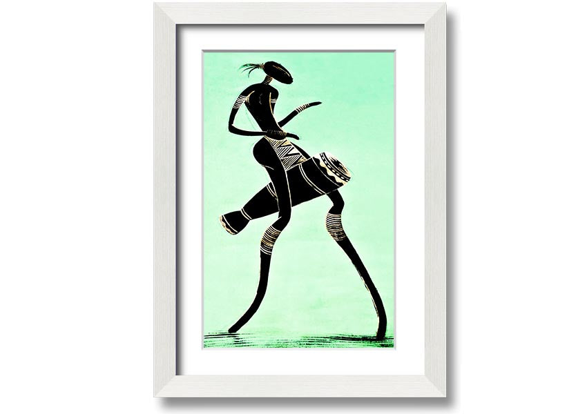 Framed print of an African tribal dancer, showcasing vibrant colors and intricate details, ready to hang.