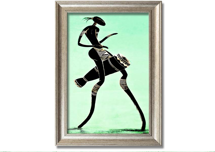 Framed print of an African tribal dancer, showcasing vibrant colors and intricate details, ready to hang.