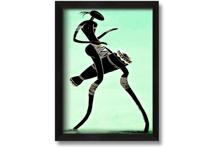 Framed print of an African tribal dancer, showcasing vibrant colors and intricate details, ready to hang.