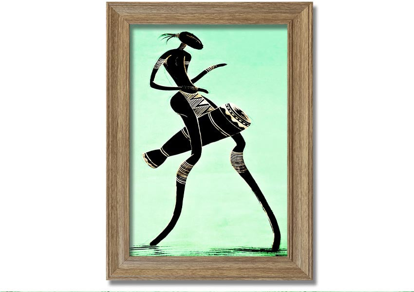 Framed print of an African tribal dancer, showcasing vibrant colors and intricate details, ready to hang.