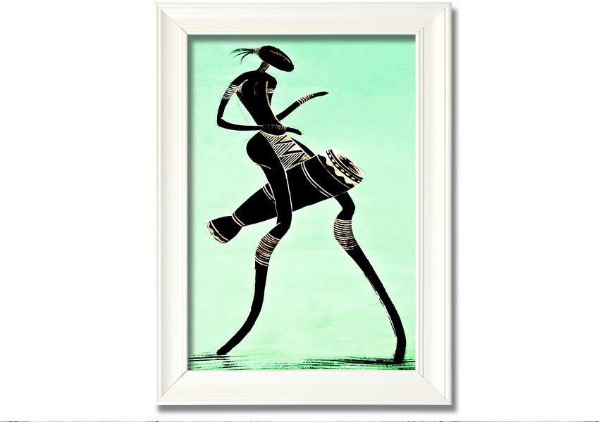 Framed print of an African tribal dancer, showcasing vibrant colors and intricate details, ready to hang.