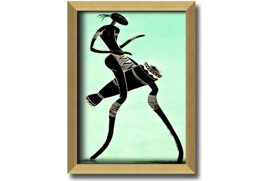 Framed print of an African tribal dancer, showcasing vibrant colors and intricate details, ready to hang.