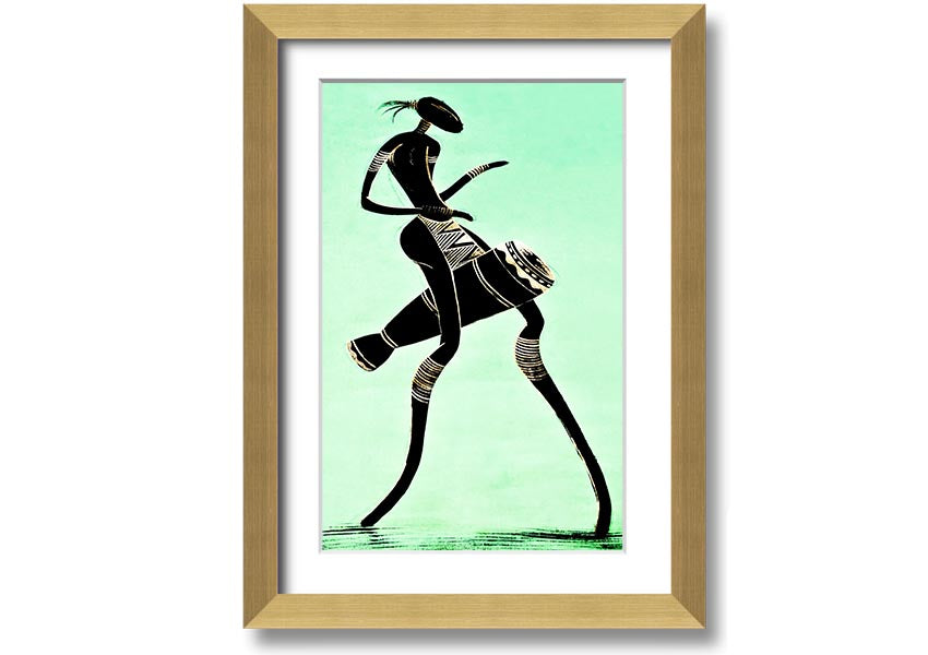 Framed print of an African tribal dancer, showcasing vibrant colors and intricate details, ready to hang.