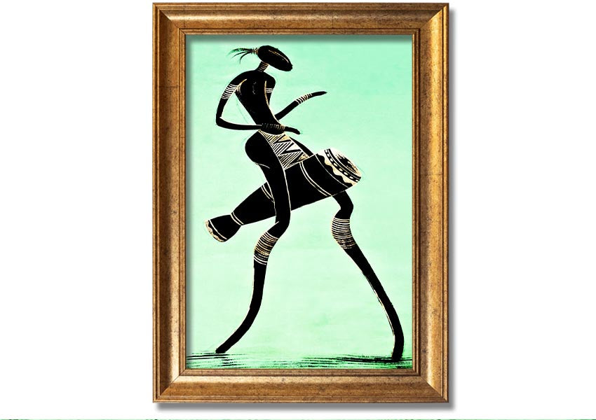 Framed print of an African tribal dancer, showcasing vibrant colors and intricate details, ready to hang.