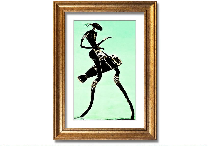 Framed print of an African tribal dancer, showcasing vibrant colors and intricate details, ready to hang.