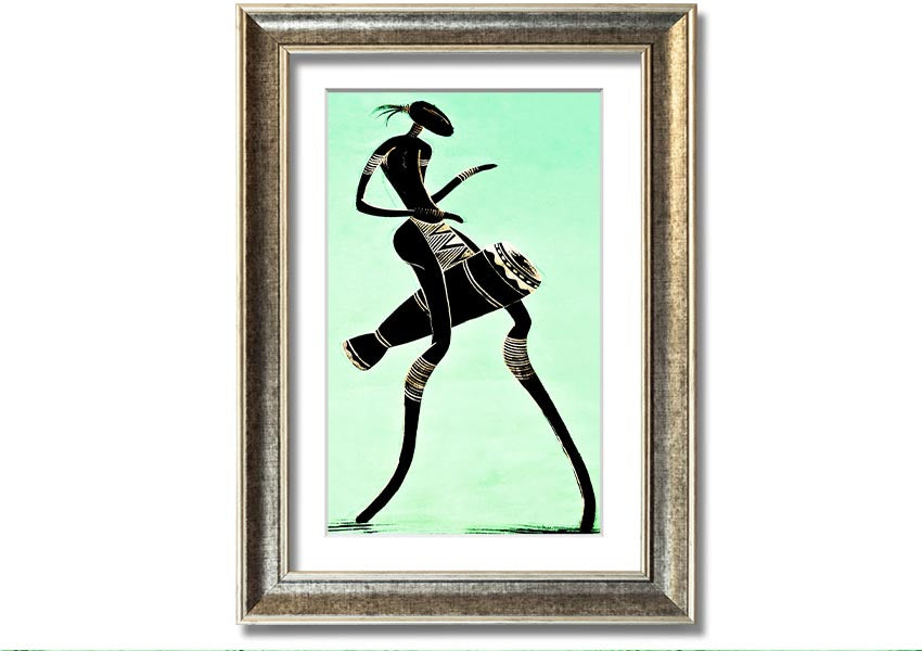 Framed print of an African tribal dancer, showcasing vibrant colors and intricate details, ready to hang.