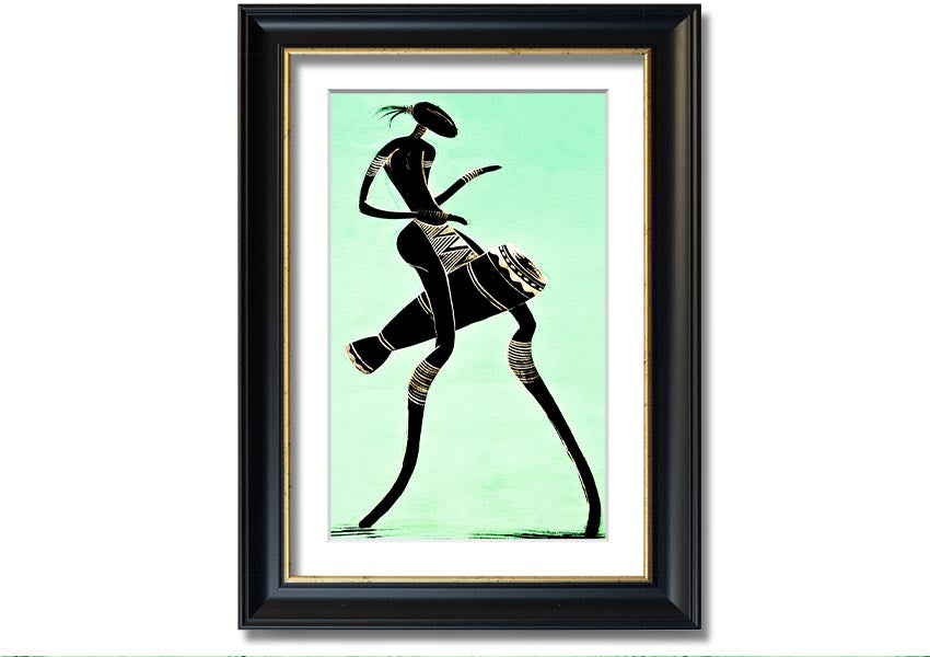 Framed print of an African tribal dancer, showcasing vibrant colors and intricate details, ready to hang.