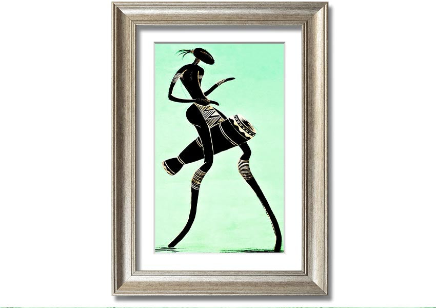 Framed print of an African tribal dancer, showcasing vibrant colors and intricate details, ready to hang.