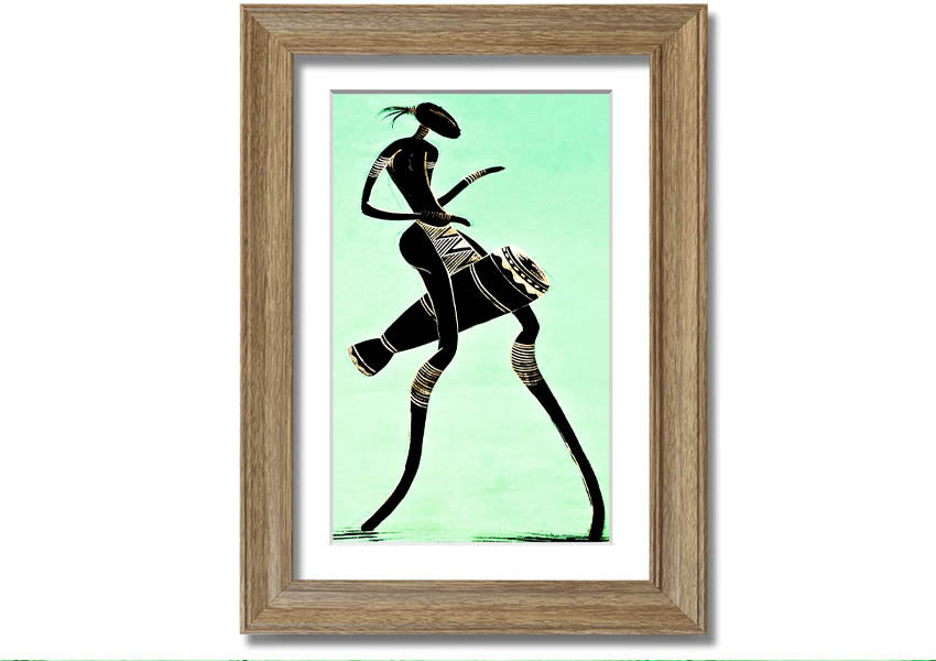 Framed print of an African tribal dancer, showcasing vibrant colors and intricate details, ready to hang.