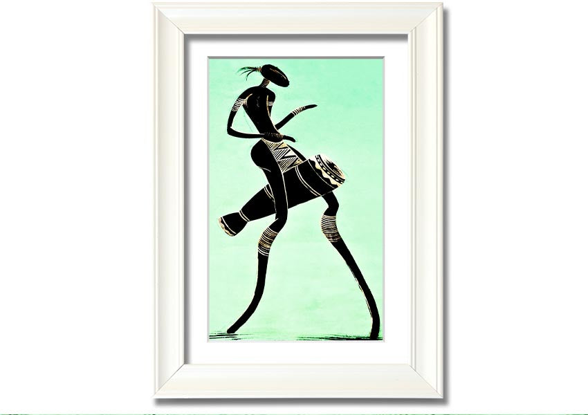 Framed print of an African tribal dancer, showcasing vibrant colors and intricate details, ready to hang.