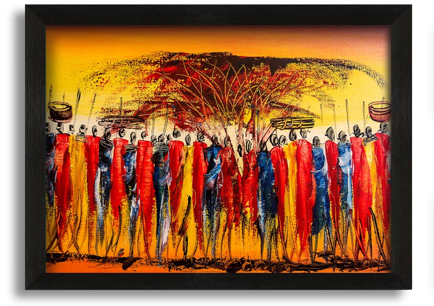 Framed print of African Tribe Offering showcasing vibrant tribal art, available in various frame colors.