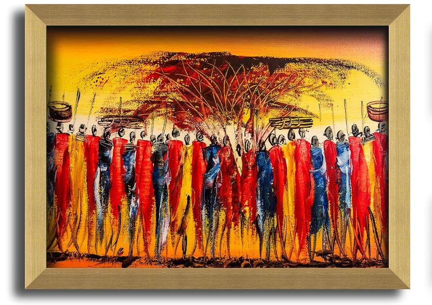 Framed print of African Tribe Offering showcasing vibrant tribal art, available in various frame colors.