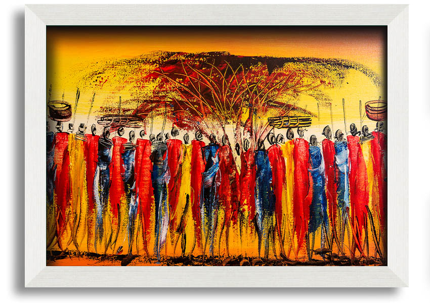 Framed print of African Tribe Offering showcasing vibrant tribal art, available in various frame colors.