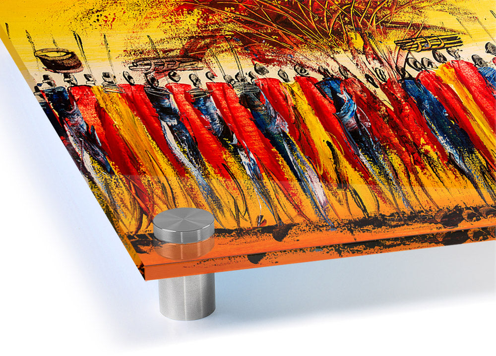 Vibrant African Tribe Offering acrylic print on 5mm thick glass, showcasing intricate tribal designs.