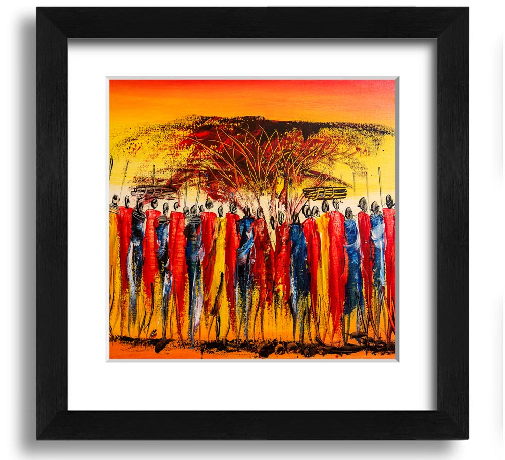 African Tribe Offering Square Framed Print in a stylish frame, showcasing vibrant tribal art.