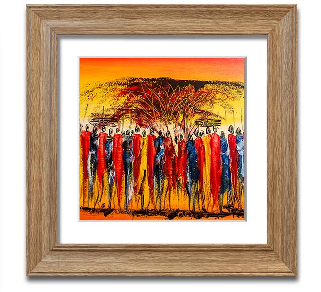 African Tribe Offering Square Framed Print in a stylish frame, showcasing vibrant tribal art.