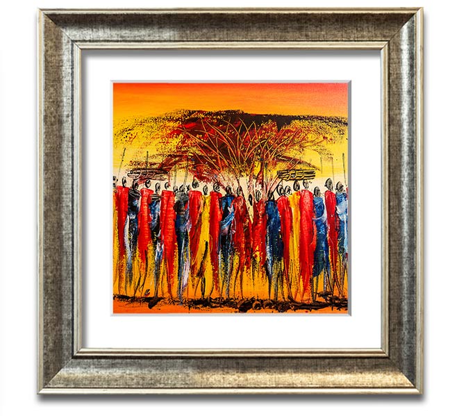 African Tribe Offering Square Framed Print in a stylish frame, showcasing vibrant tribal art.