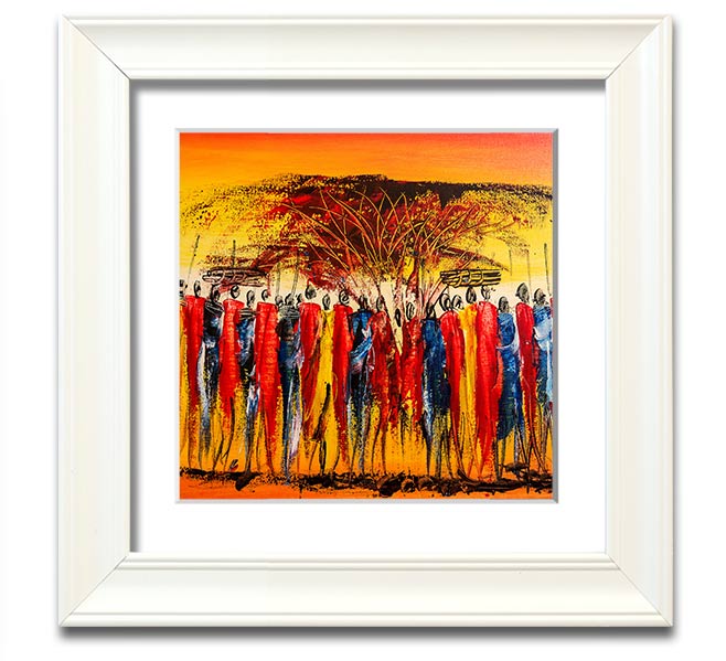 African Tribe Offering Square Framed Print in a stylish frame, showcasing vibrant tribal art.