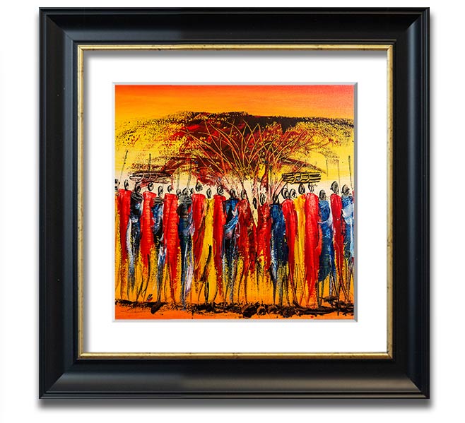 African Tribe Offering Square Framed Print in a stylish frame, showcasing vibrant tribal art.