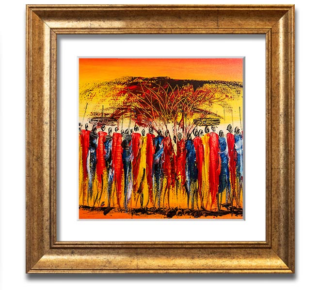 African Tribe Offering Square Framed Print in a stylish frame, showcasing vibrant tribal art.