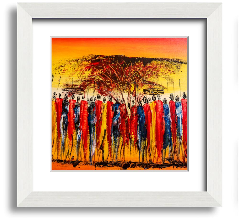 African Tribe Offering Square Framed Print in a stylish frame, showcasing vibrant tribal art.