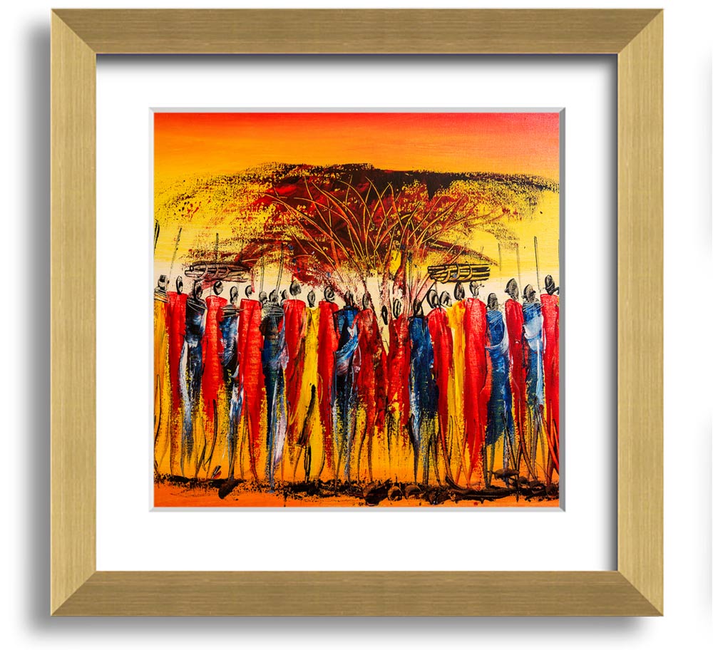 African Tribe Offering Square Framed Print in a stylish frame, showcasing vibrant tribal art.