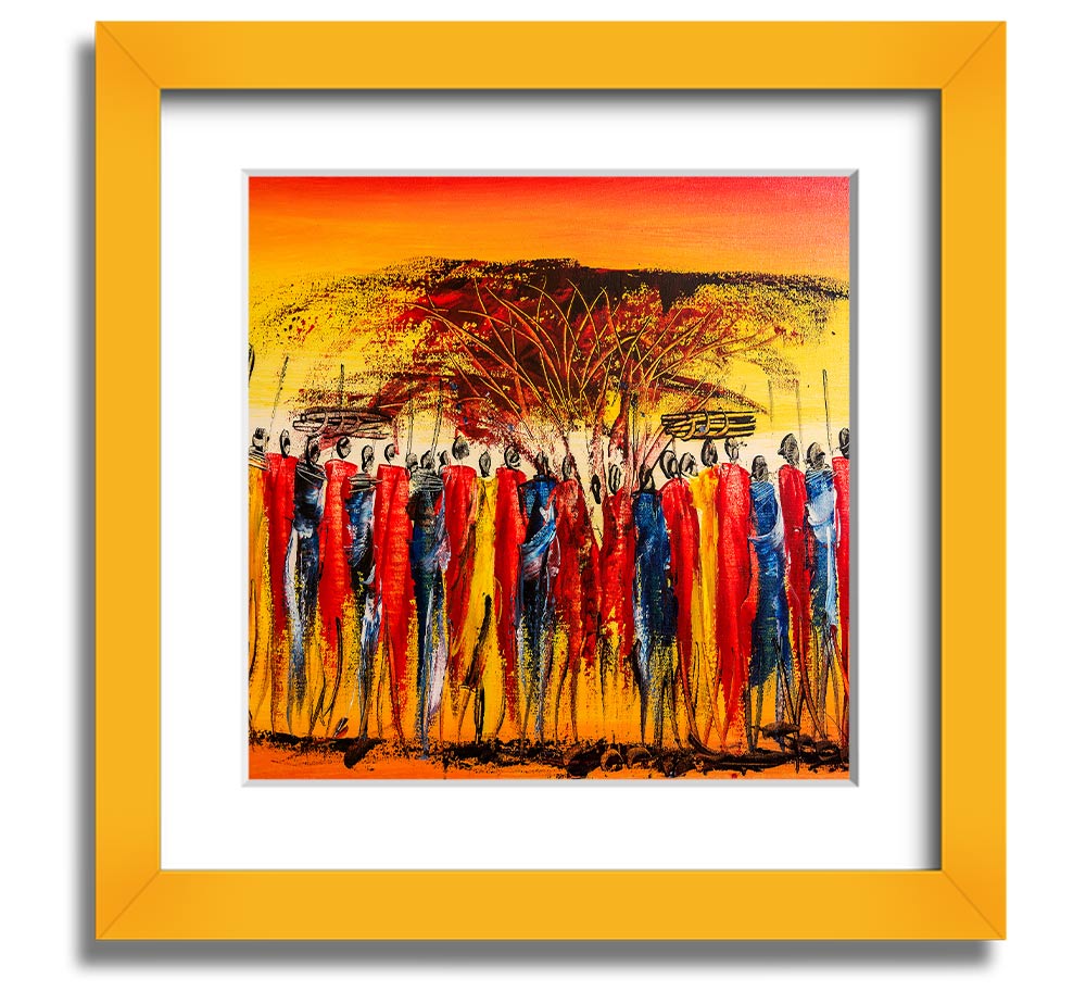 African Tribe Offering Square Framed Print in a stylish frame, showcasing vibrant tribal art.