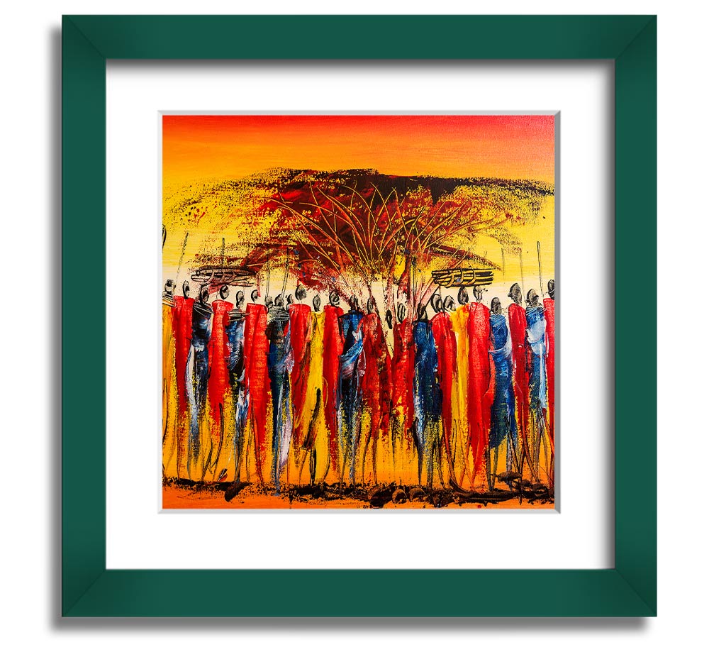 African Tribe Offering Square Framed Print in a stylish frame, showcasing vibrant tribal art.