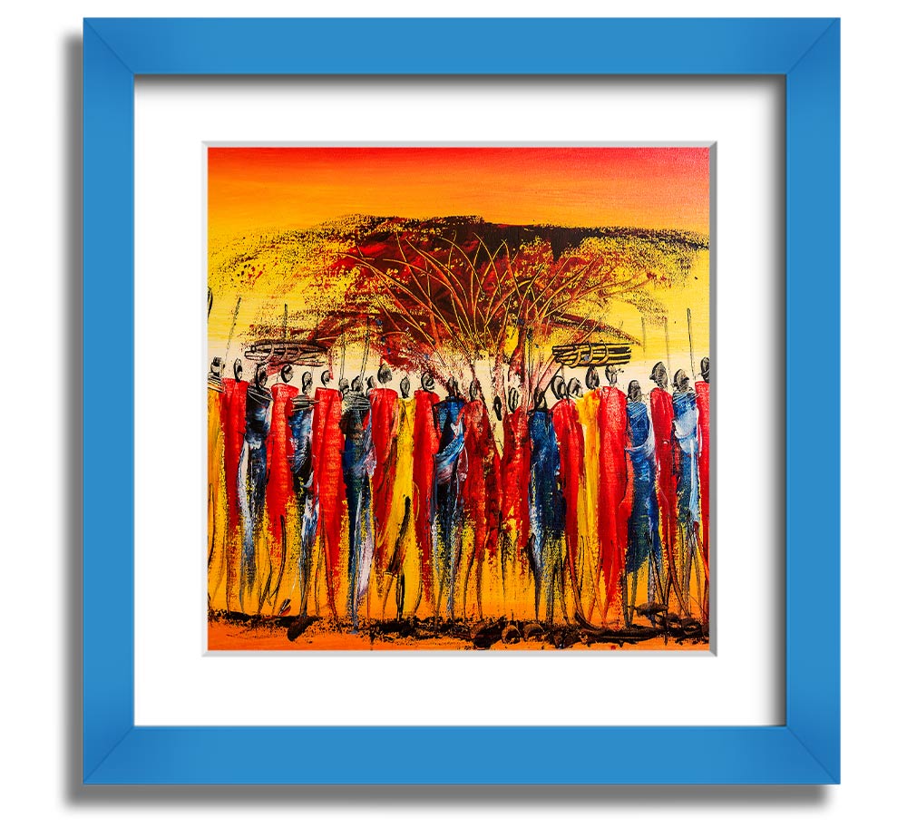 African Tribe Offering Square Framed Print in a stylish frame, showcasing vibrant tribal art.