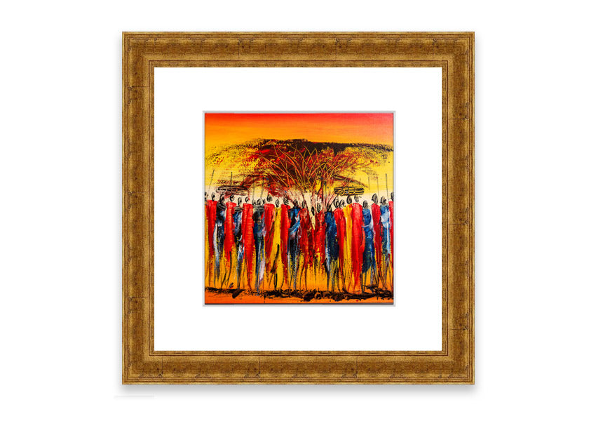 Framed print of African Tribe Offering showcasing vibrant tribal art, available in various frame colors.