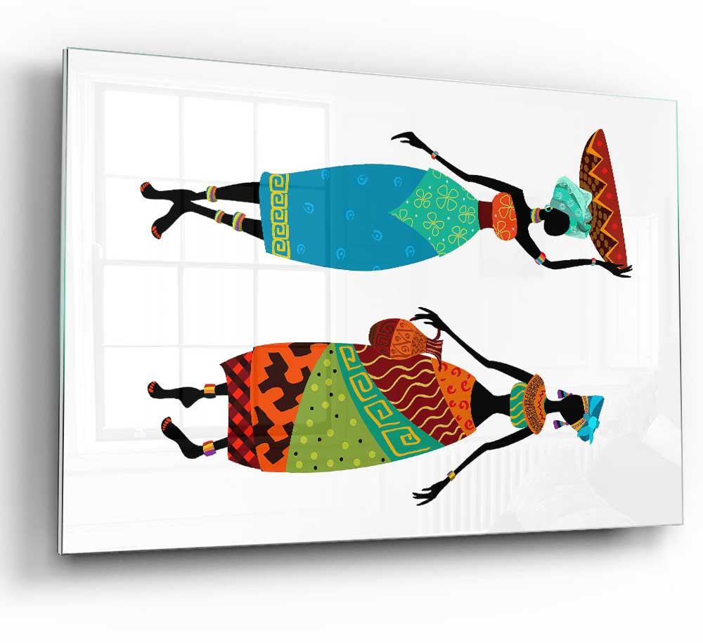 A vibrant glass print featuring African women, showcasing intricate details and colors, perfect for modern home decor.