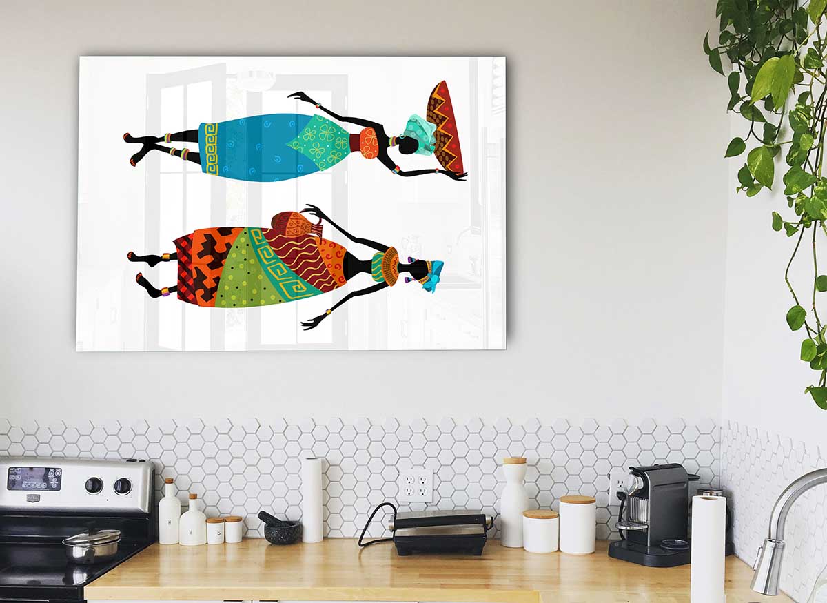 A vibrant glass print featuring African women, showcasing intricate details and colors, perfect for modern home decor.