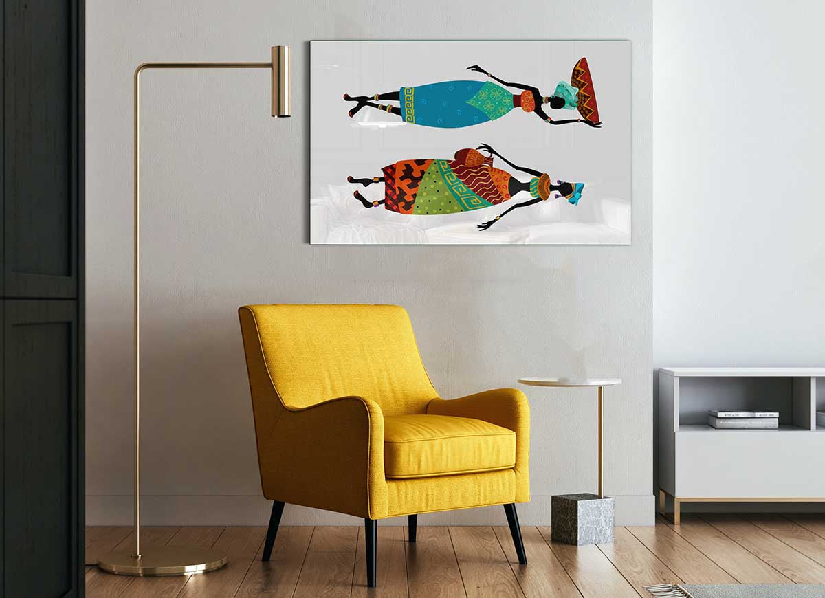 A vibrant glass print featuring African women, showcasing intricate details and colors, perfect for modern home decor.