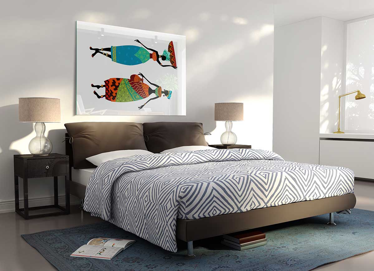 A vibrant glass print featuring African women, showcasing intricate details and colors, perfect for modern home decor.