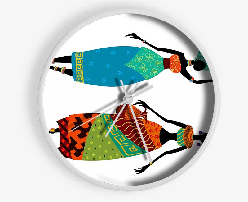 A beautifully designed African Women clock made from natural bamboo, featuring a round face and available in black, white, or natural frame colors.