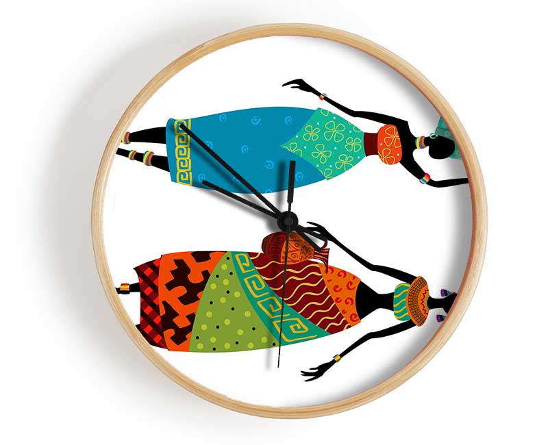 A beautifully designed African Women clock made from natural bamboo, featuring a round face and available in black, white, or natural frame colors.