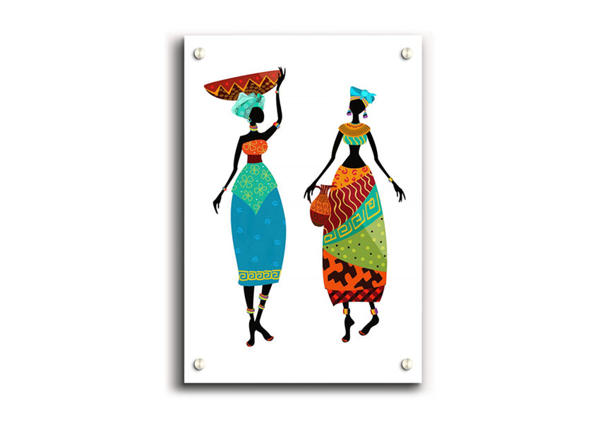 Vibrant African Women 1 acrylic print on 5mm thick glass, showcasing cultural art.