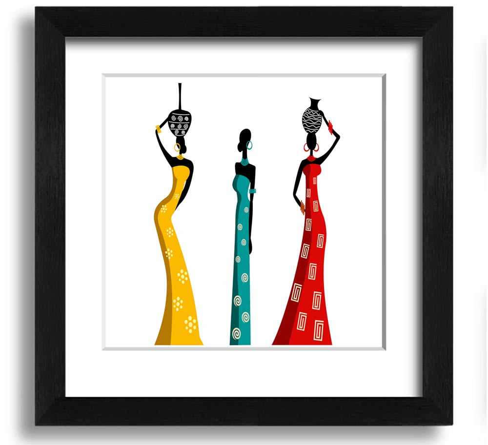 A beautifully framed square print depicting African women, showcasing vibrant colors and intricate details, ready to hang.