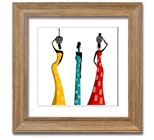 A beautifully framed square print depicting African women, showcasing vibrant colors and intricate details, ready to hang.